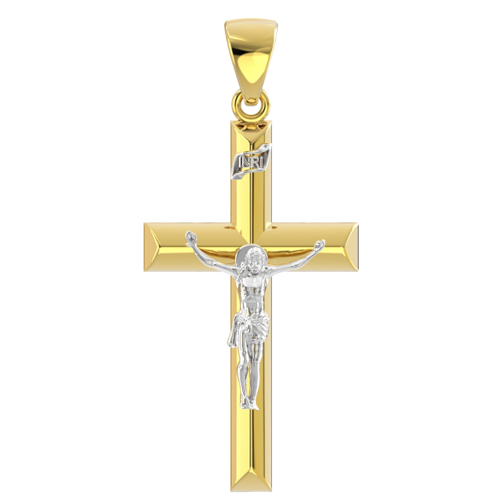 Ladies 14k Yellow & White Gold Angled Cross Crucifix Pendant Necklace, 32mm