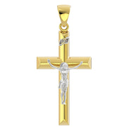 Ladies 14k Yellow & White Gold Angled Cross Crucifix Pendant Necklace, 32mm - US Jewels
