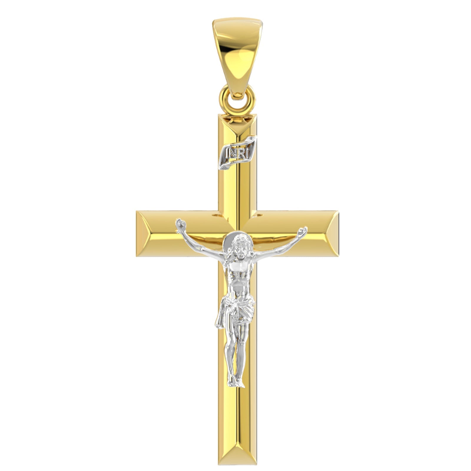 Ladies 14k Yellow & White Gold Angled Cross Crucifix Pendant Necklace, 32mm - US Jewels