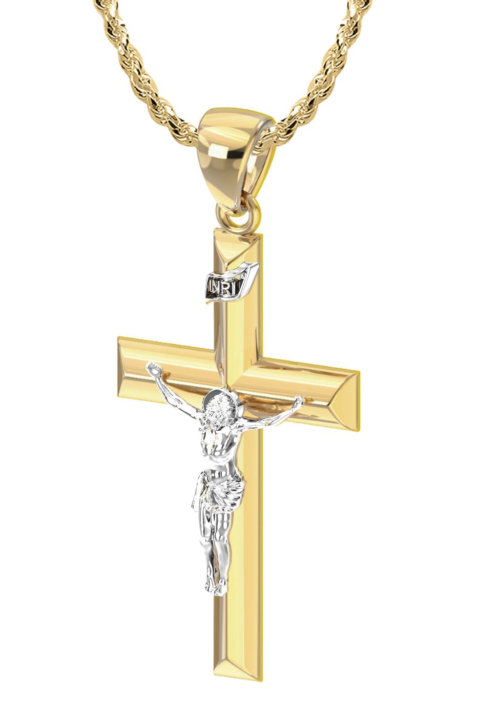 Ladies 14k Yellow & White Gold Angled Cross Crucifix Pendant Necklace, 32mm - US Jewels