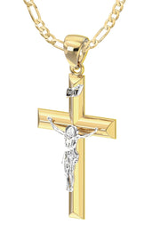 Ladies 14k Yellow & White Gold Angled Cross Crucifix Pendant Necklace, 32mm - US Jewels