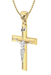 Ladies 14k Yellow & White Gold Angled Cross Crucifix Pendant Necklace, 32mm - US Jewels