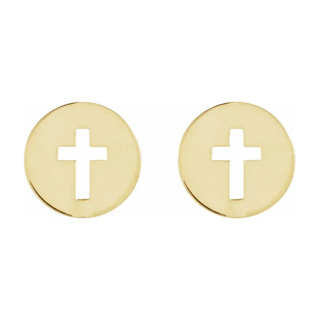 Ladies 14K Yellow, White or Rose Gold Pierced Cross Disc Stud Earrings - US Jewels