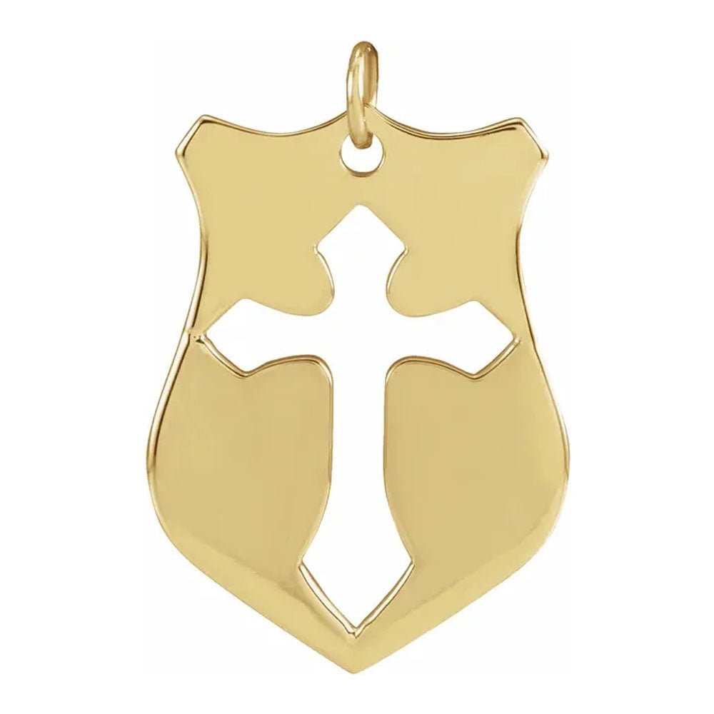 Ladies 14K Yellow, White, or Rose Gold Pierced Cross Shield Pendant - US Jewels