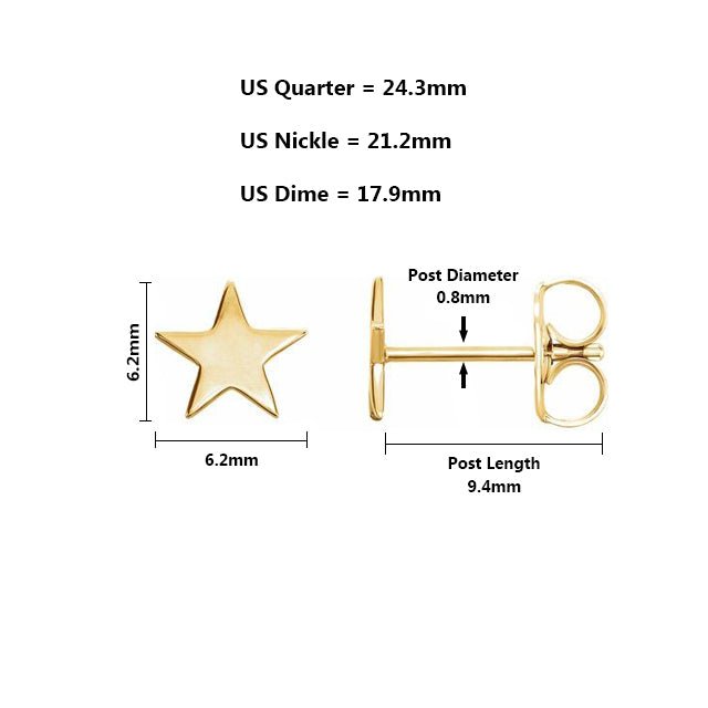 Ladies 14K Yellow, White or Rose Gold Star Stud Earrings - US Jewels