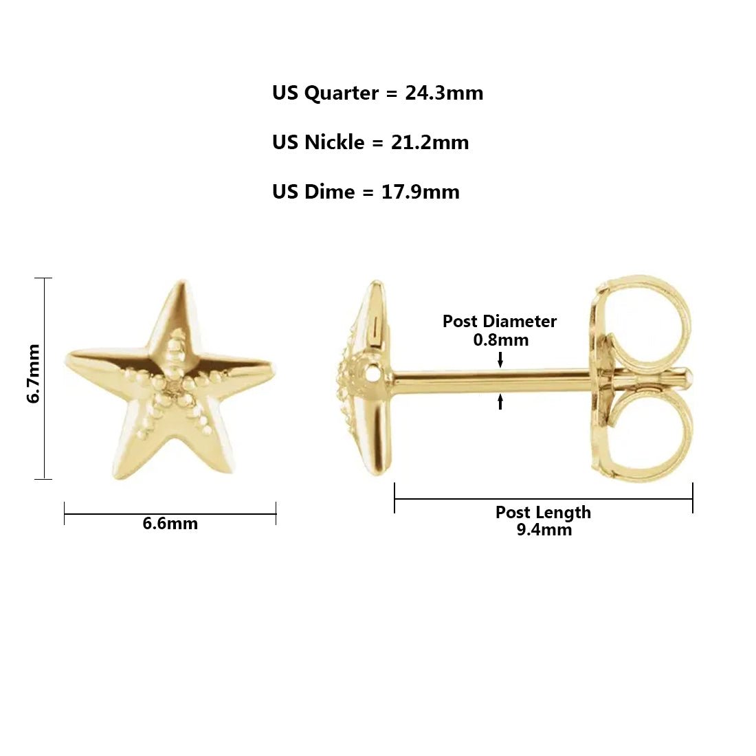 Ladies 14K Yellow, White or Rose Gold Starfish Stud Earrings, 6.7x6.6mm - US Jewels