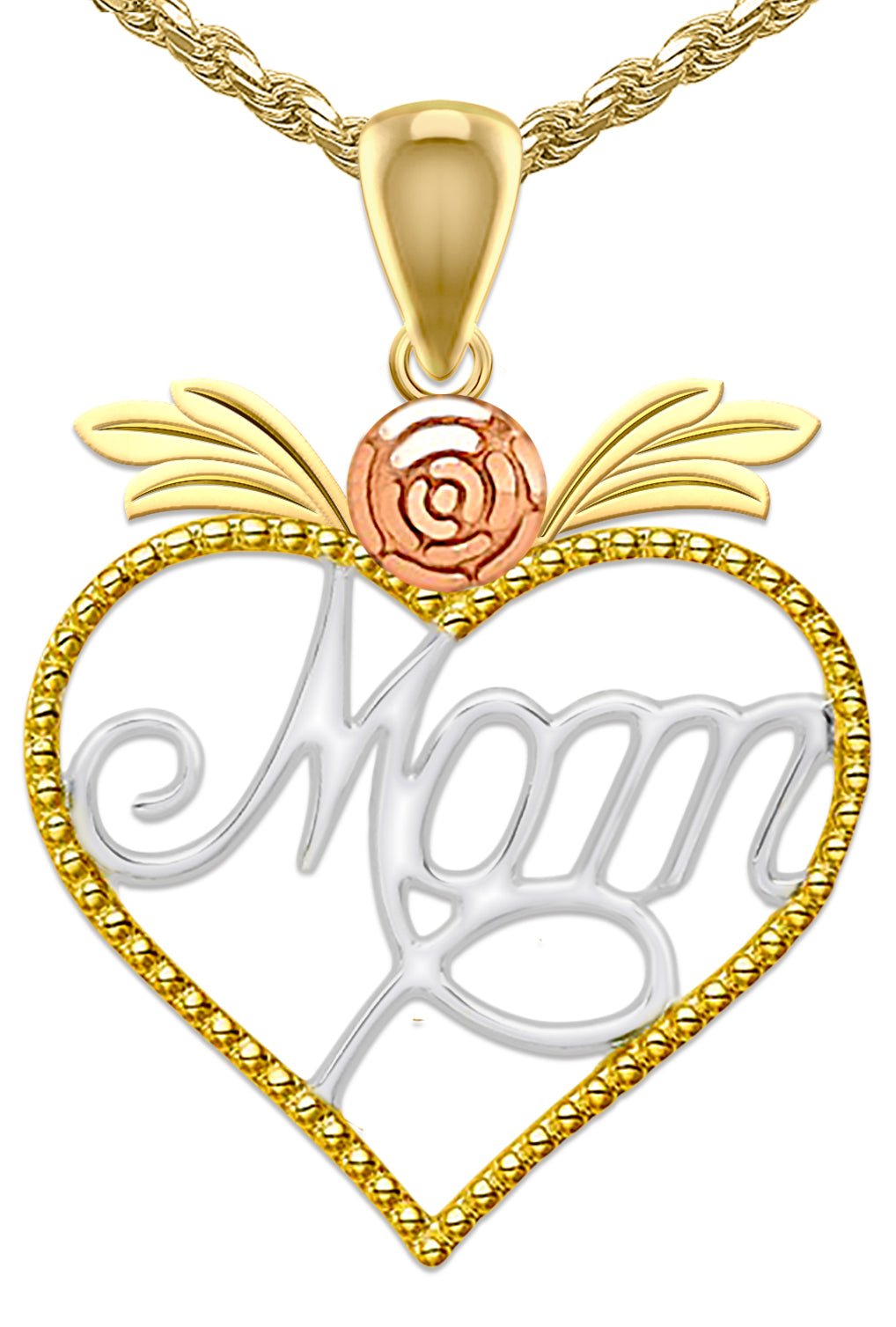 Ladies 15/16in 14k Yellow Gold Mom in Heart with Rose Pendant Necklace - US Jewels