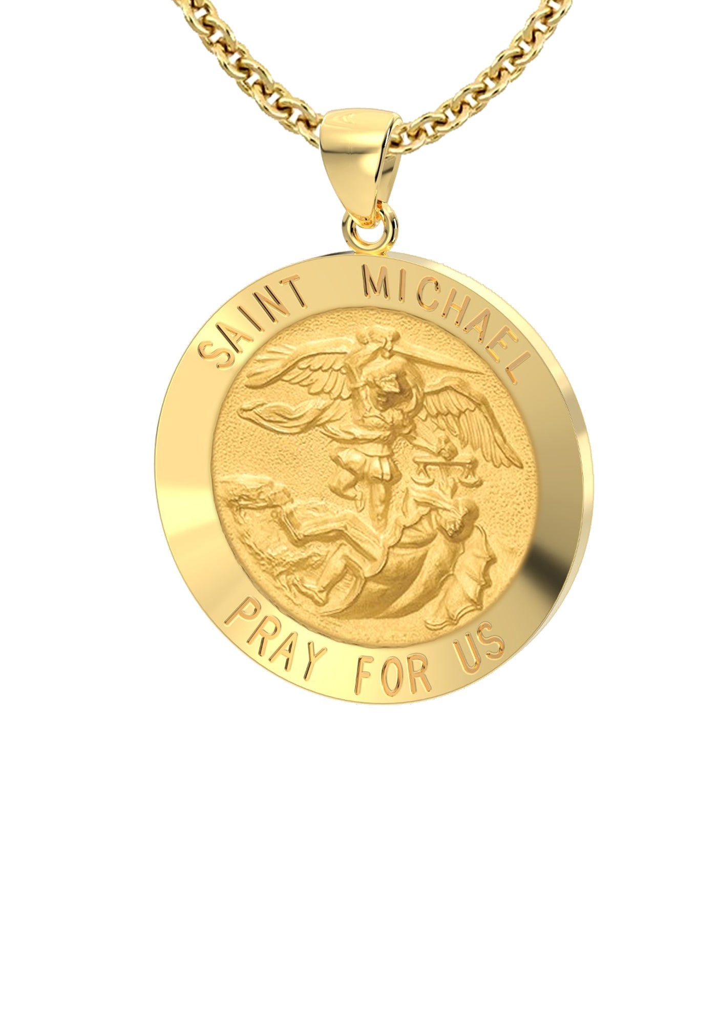 Ladies 3/4in 14k Yellow Gold Round St Saint Michael Hollow Medal Pendant Necklace, 18mm - US Jewels
