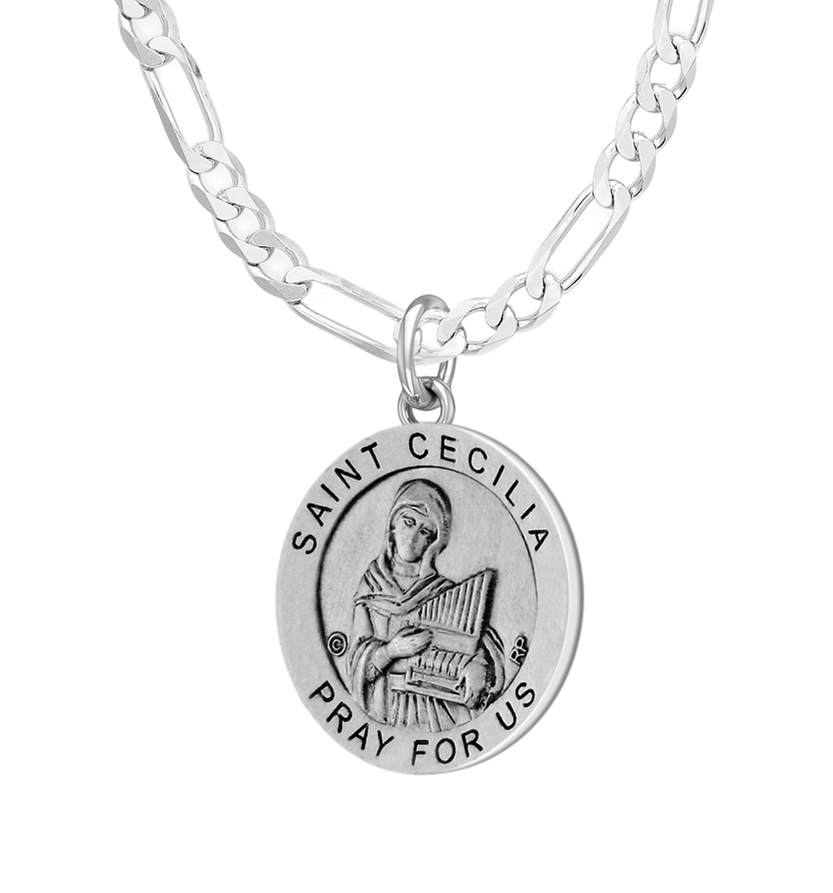 Ladies 925 Sterling Silver 18.5mm Antiqued Saint Cecilia Medal Pendant Necklace - US Jewels