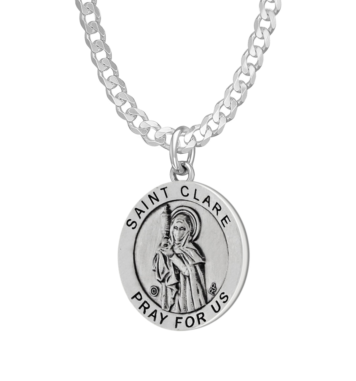 Ladies 925 Sterling Silver 18.5mm Antiqued Saint Clare Medal Pendant Necklace - US Jewels