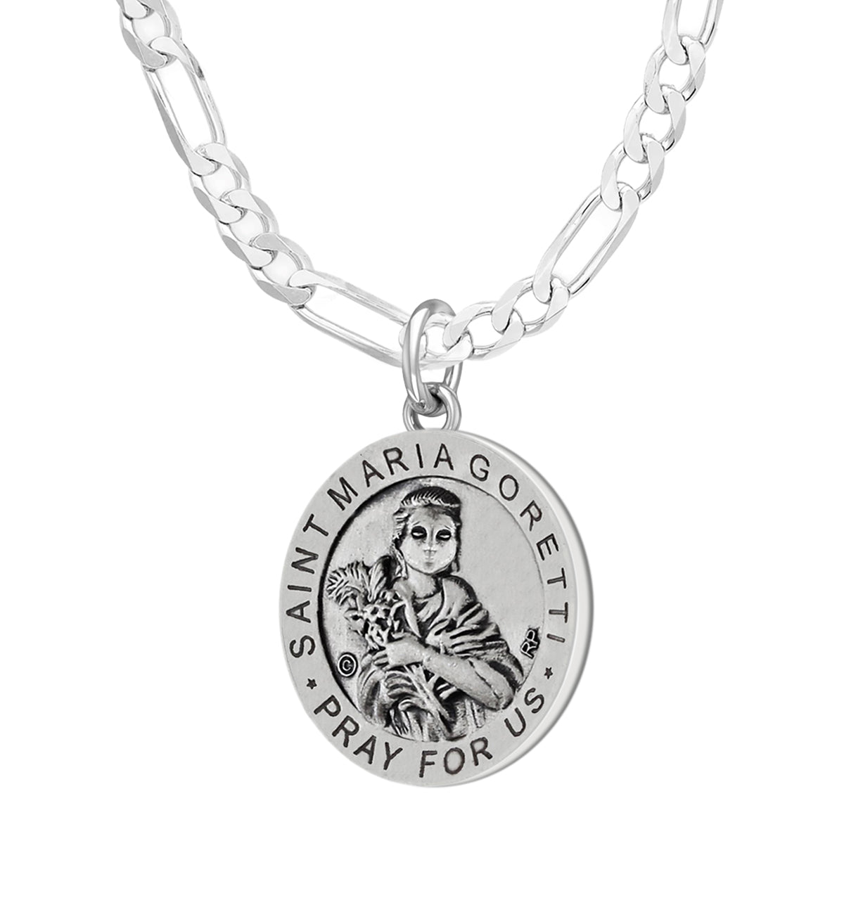 Ladies 925 Sterling Silver 18.5mm Antiqued Saint Maria Goretti Medal Pendant Necklace - US Jewels