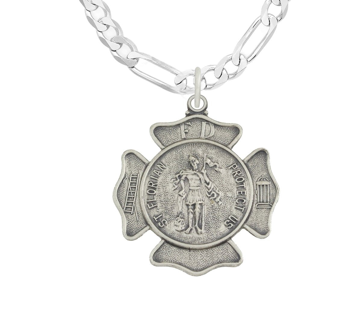 Ladies 925 Sterling Silver 20mm Antiqued Finish St Saint Florian Badge Medal Pendant Necklace - US Jewels