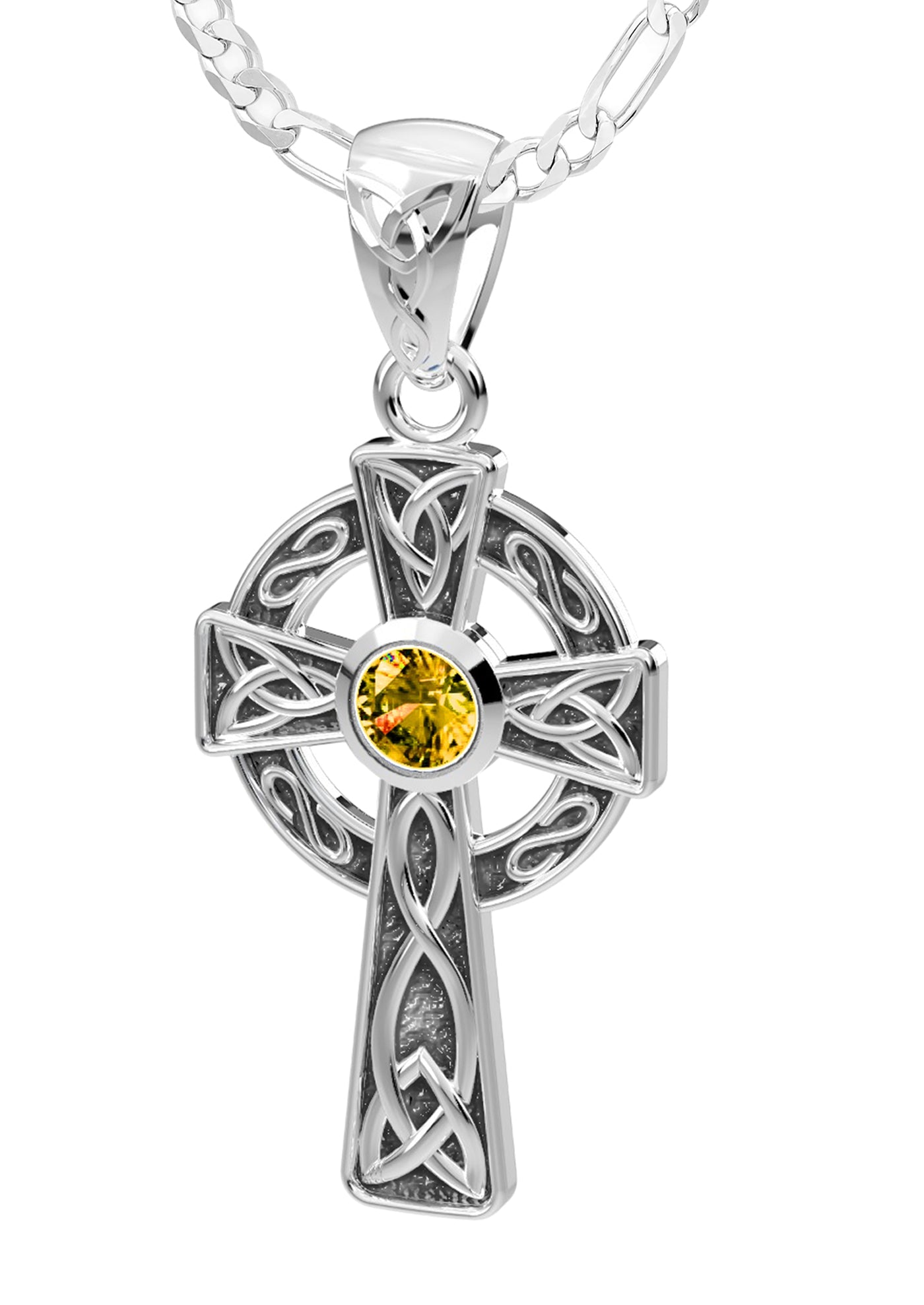 Ladies 925 Sterling Silver 23mm Irish Celtic Knot Cross Pendant Necklace with 13 Birthstone Options - US Jewels