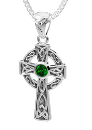 Ladies 925 Sterling Silver 23mm Irish Celtic Knot Cross Pendant Necklace with 13 Birthstone Options - US Jewels