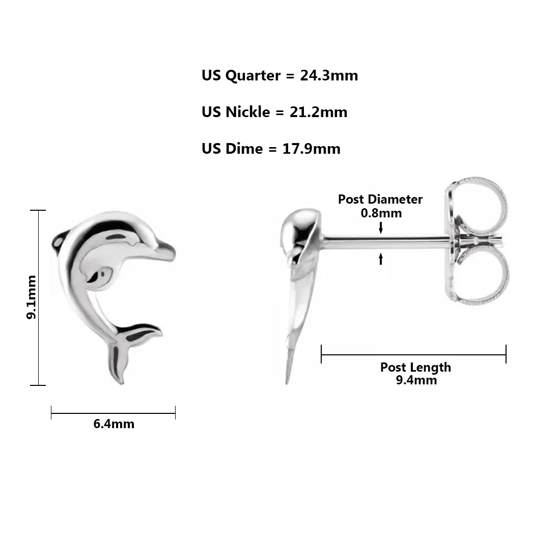 Ladies 925 Sterling Silver Dolphin Stud Earrings, 9.1x6.4mm - US Jewels