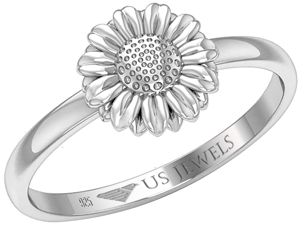 Ladies 925 Sterling Silver Floral Sunflower Ring - US Jewels