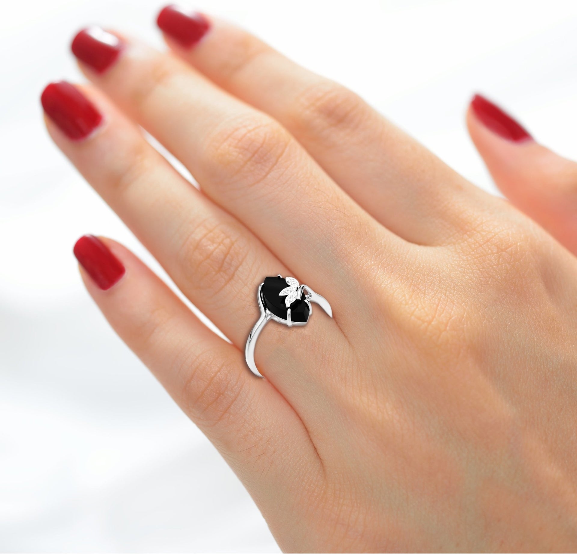 Ladies 925 Sterling Silver Genuine Black Onyx Diamond Ring - US Jewels