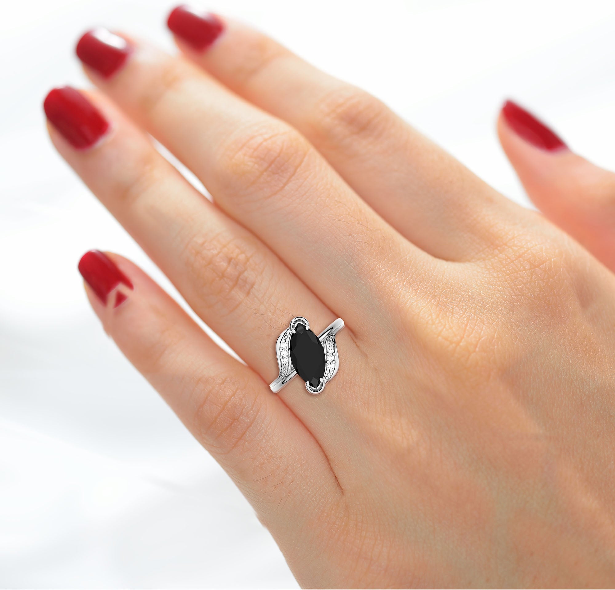 Ladies 925 Sterling Silver Genuine Diamond Marquise Black Onyx Ring