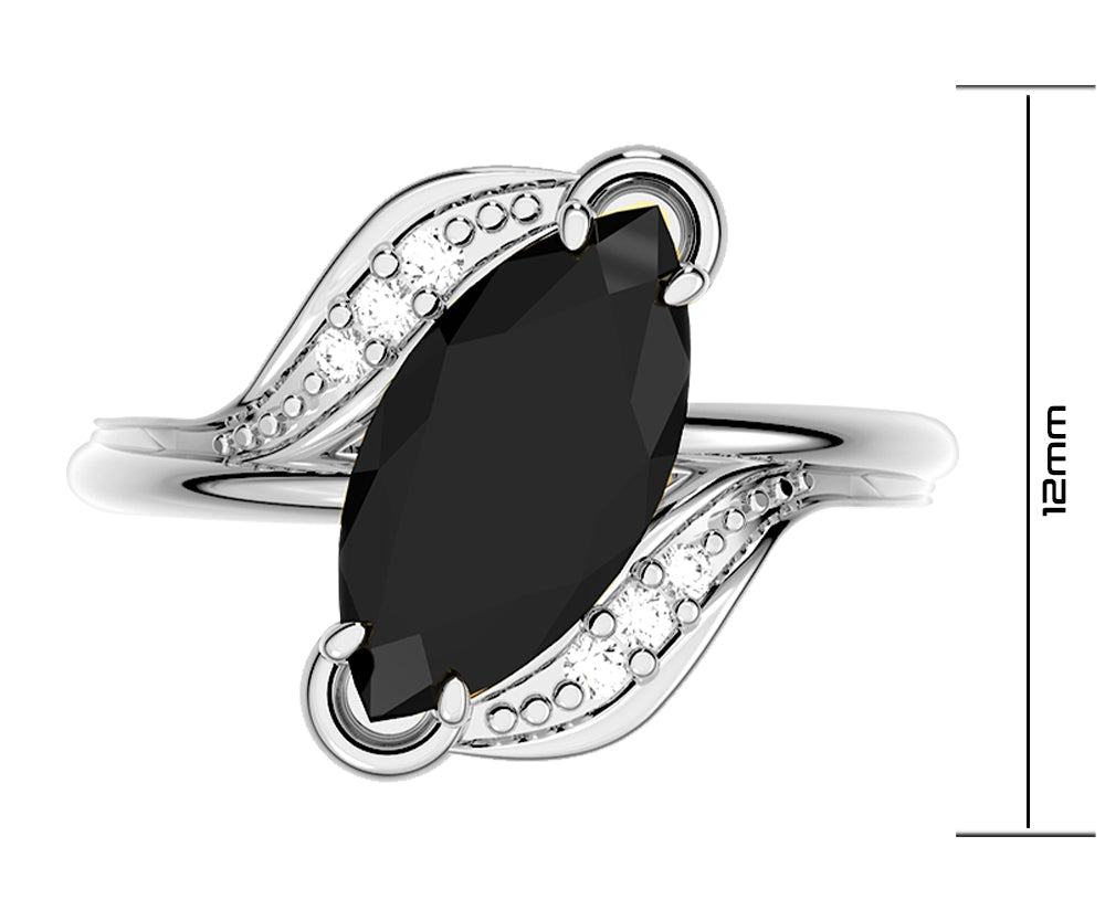 Ladies 925 Sterling Silver Genuine Diamond Marquise Black Onyx Ring
