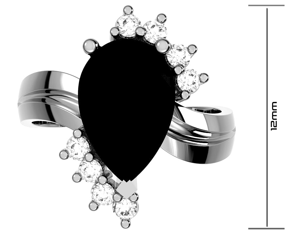 Ladies 925 Sterling Silver Genuine Diamond Pear Black Onyx Ring - US Jewels
