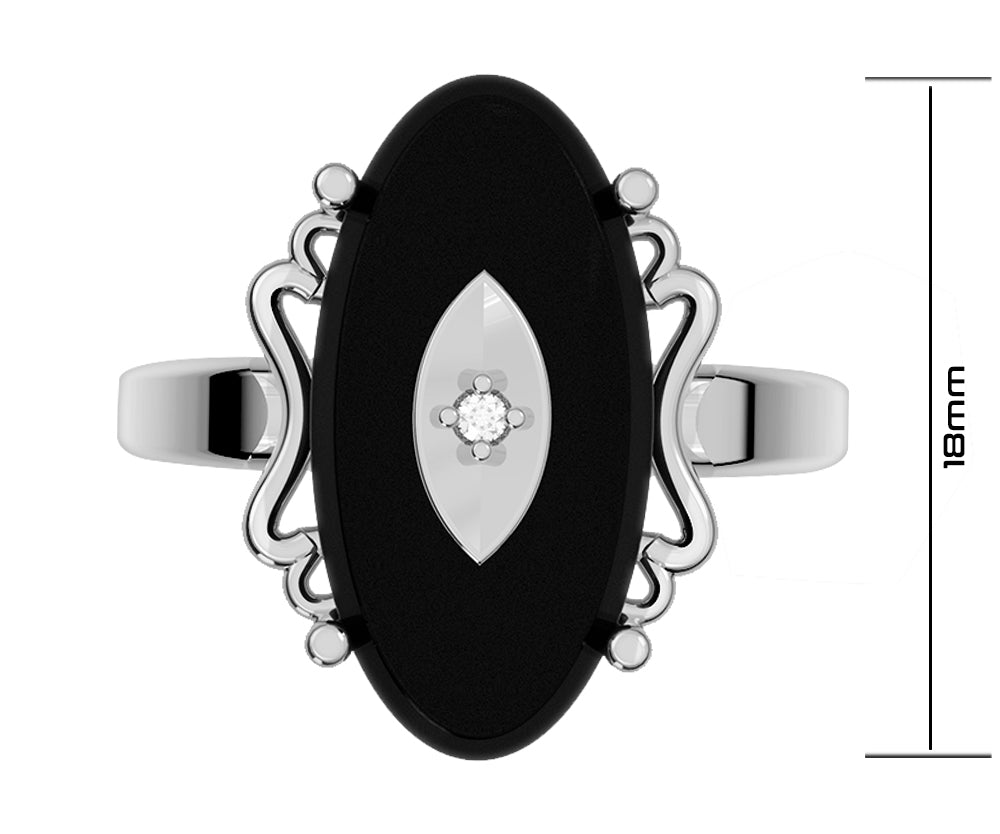 Ladies 925 Sterling Silver Genuine Oval Black Onyx Diamond Ring - US Jewels