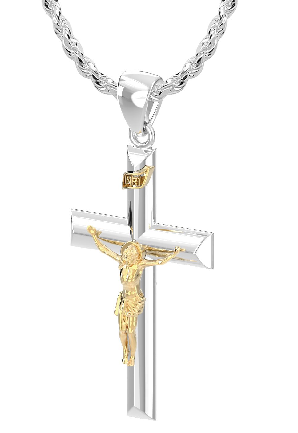 Ladies 925 Sterling Silver High Polished Crucifix Cross Pendant Necklace,  32mm - 18in, 2.4mm Rope Chain