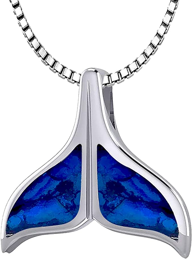 Ladies 925 Sterling Silver Inlaid Whale Tale Pendant Necklace - US Jewels