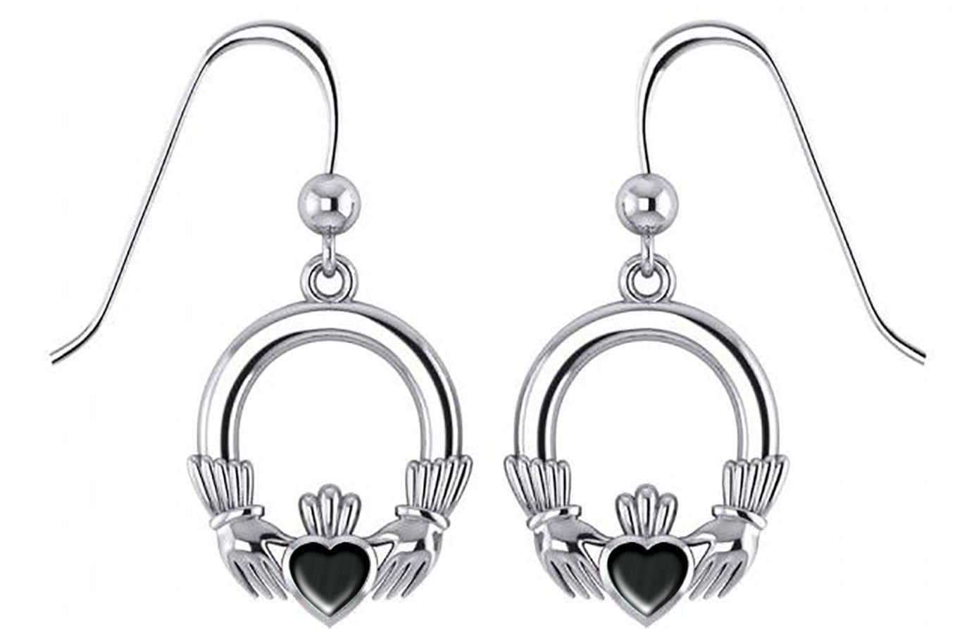 Ladies 925 Sterling Silver Irish Claddagh Black Onyx Dangle Earrings - US Jewels