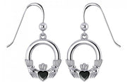 Ladies 925 Sterling Silver Irish Claddagh Black Onyx Dangle Earrings - US Jewels