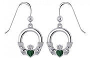Ladies 925 Sterling Silver Irish Claddagh Malachite Inlay Dangle Earrings - US Jewels