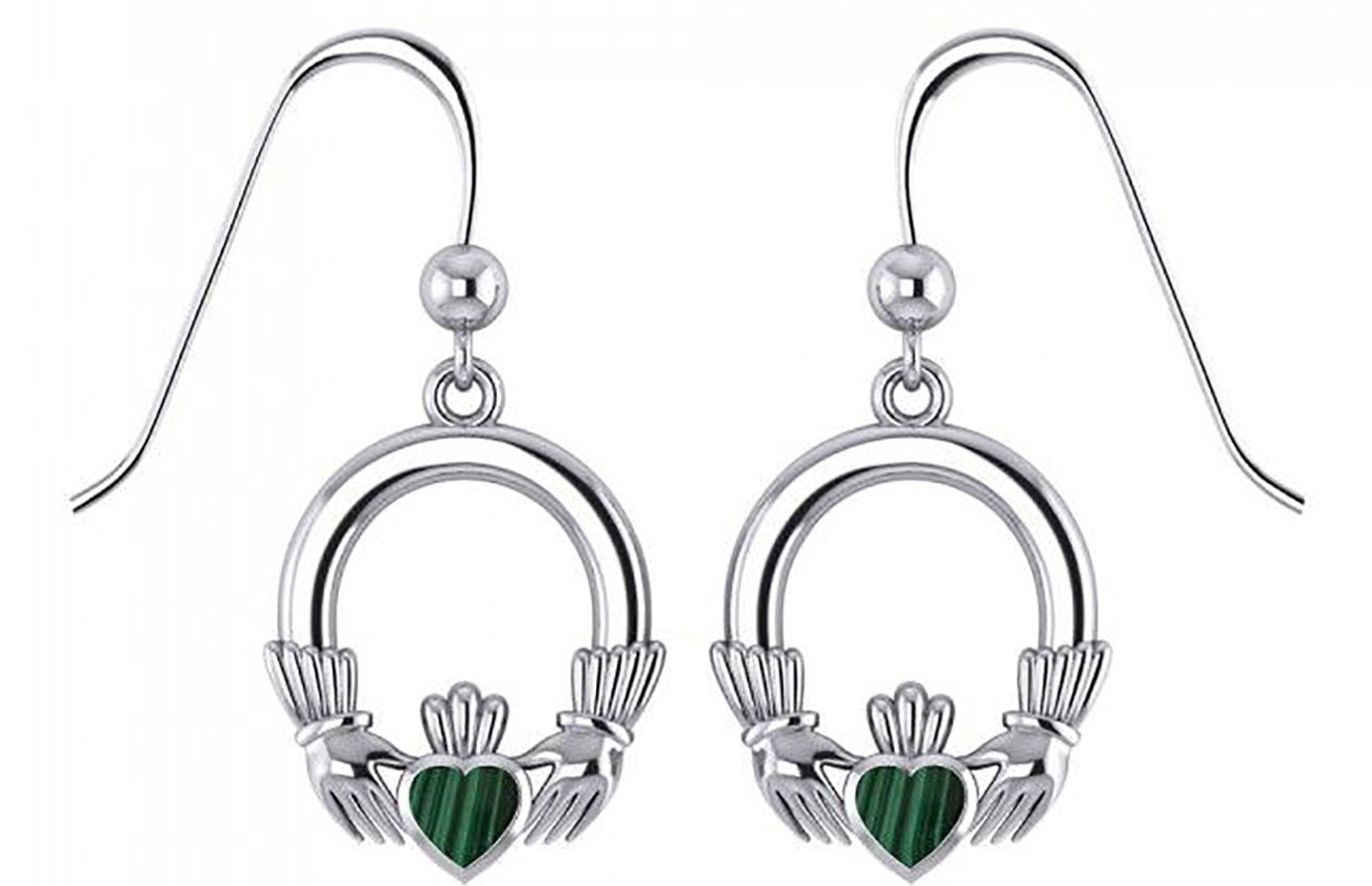 Ladies 925 Sterling Silver Irish Claddagh Malachite Inlay Dangle Earrings - US Jewels