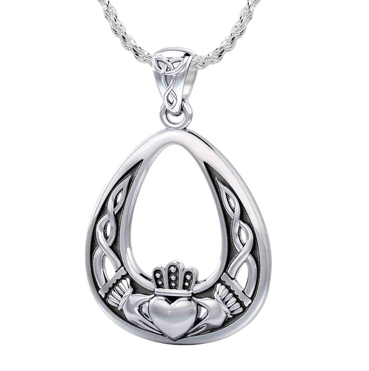 Ladies 925 Sterling Silver Irish Claddagh Pendant Necklace - US Jewels