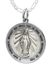 Ladies 925 Sterling Silver Large Miraculous Virgin Mary Antiqued Pendant Necklace, 22mm - US Jewels