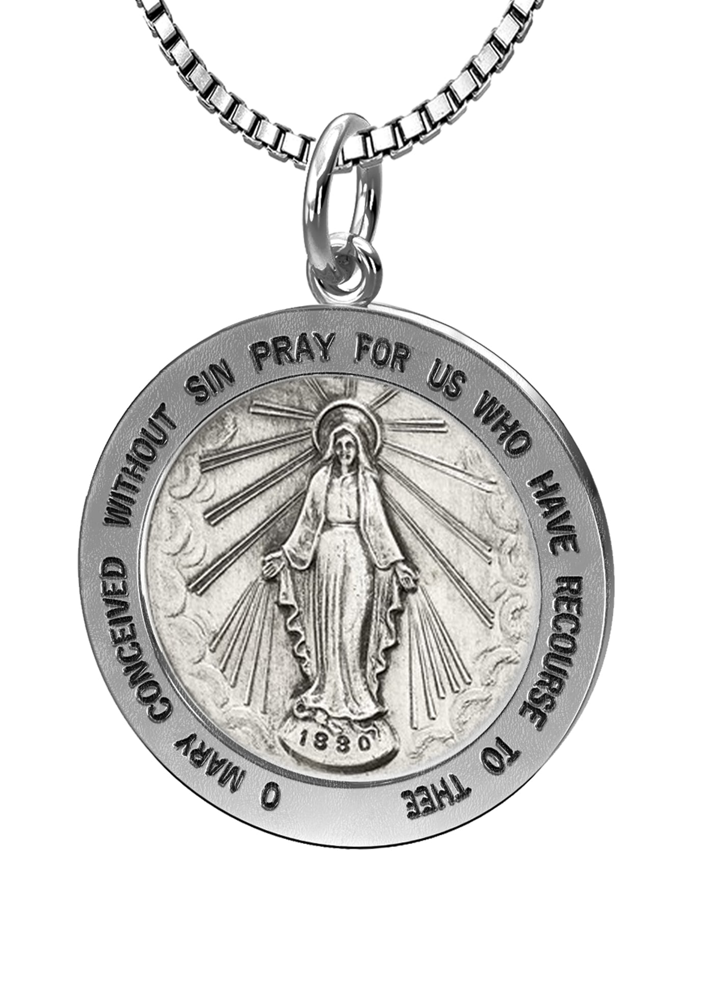 Ladies 925 Sterling Silver Large Miraculous Virgin Mary Antiqued Pendant Necklace, 22mm - US Jewels