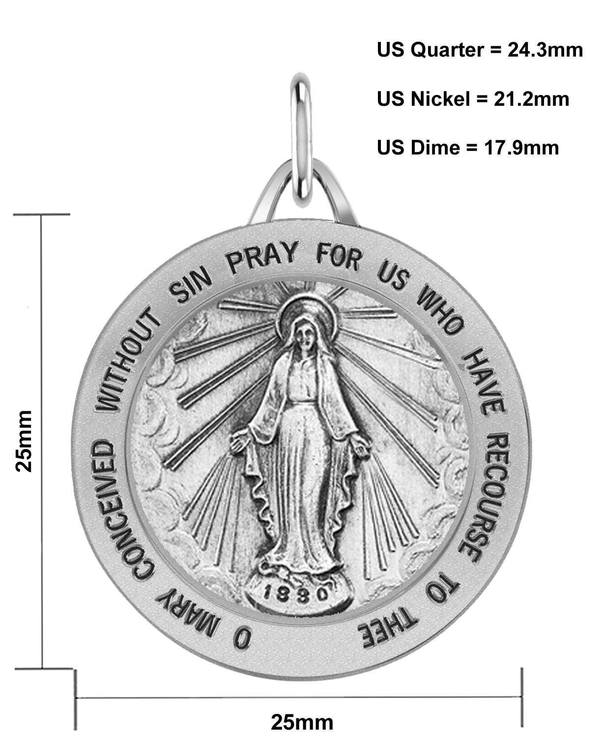 Ladies 925 Sterling Silver Large Miraculous Virgin Mary Antiqued Pendant Necklace, 25mm - US Jewels