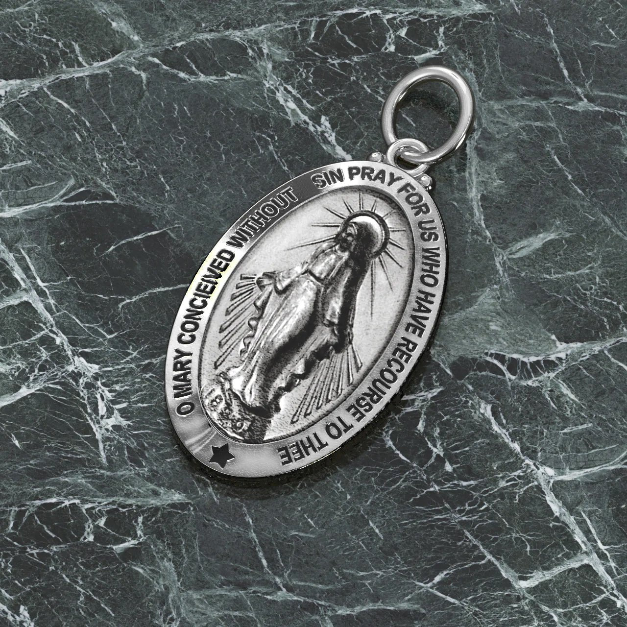 Ladies 925 Sterling Silver Large Miraculous Virgin Mary Antiqued Pendant Necklace, 32mm - US Jewels