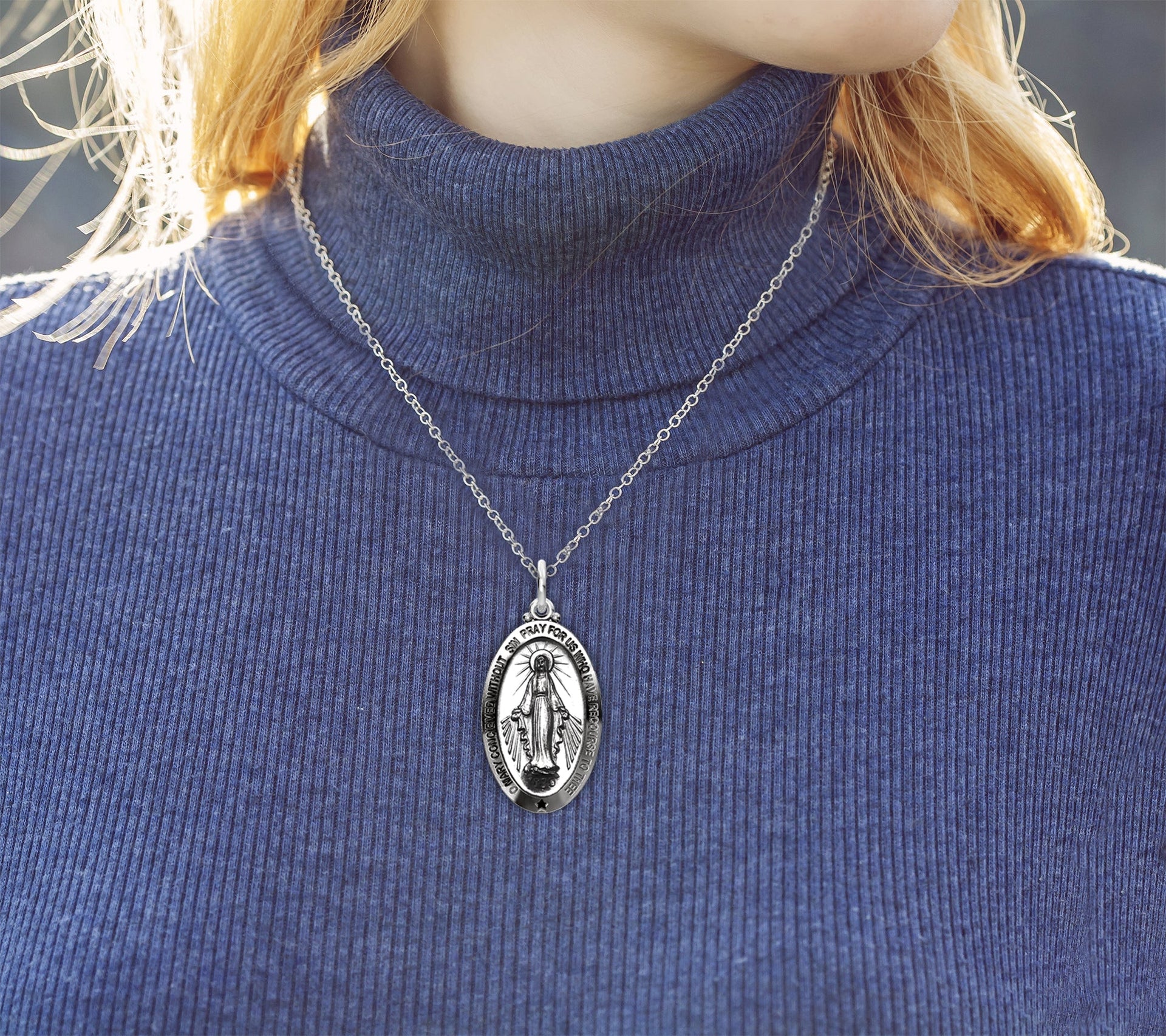 Ladies 925 Sterling Silver Large Miraculous Virgin Mary Antiqued Pendant Necklace, 32mm - US Jewels