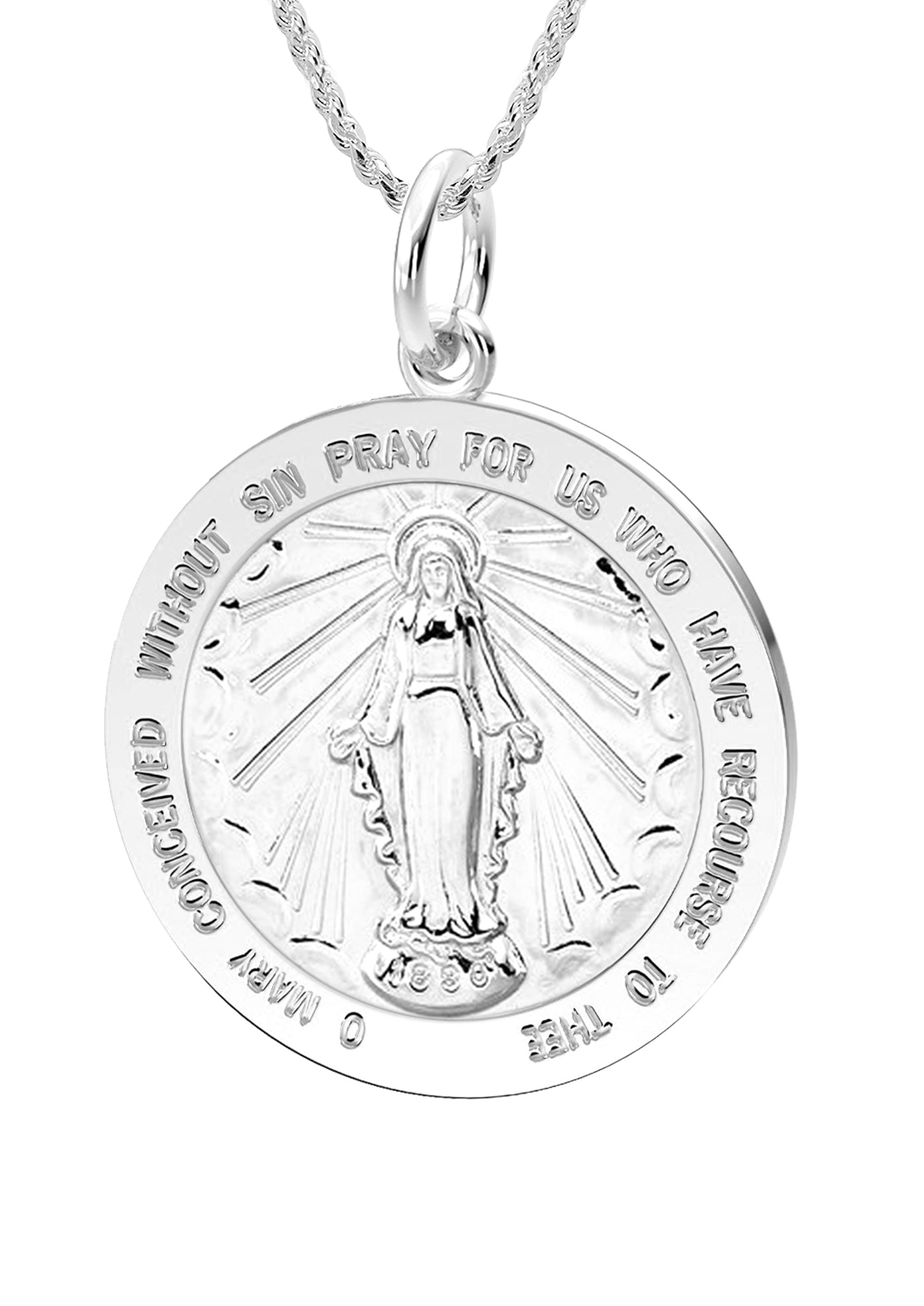 Ladies 925 Sterling Silver Large Miraculous Virgin Mary Polished Pendant Necklace, 22mm - US Jewels