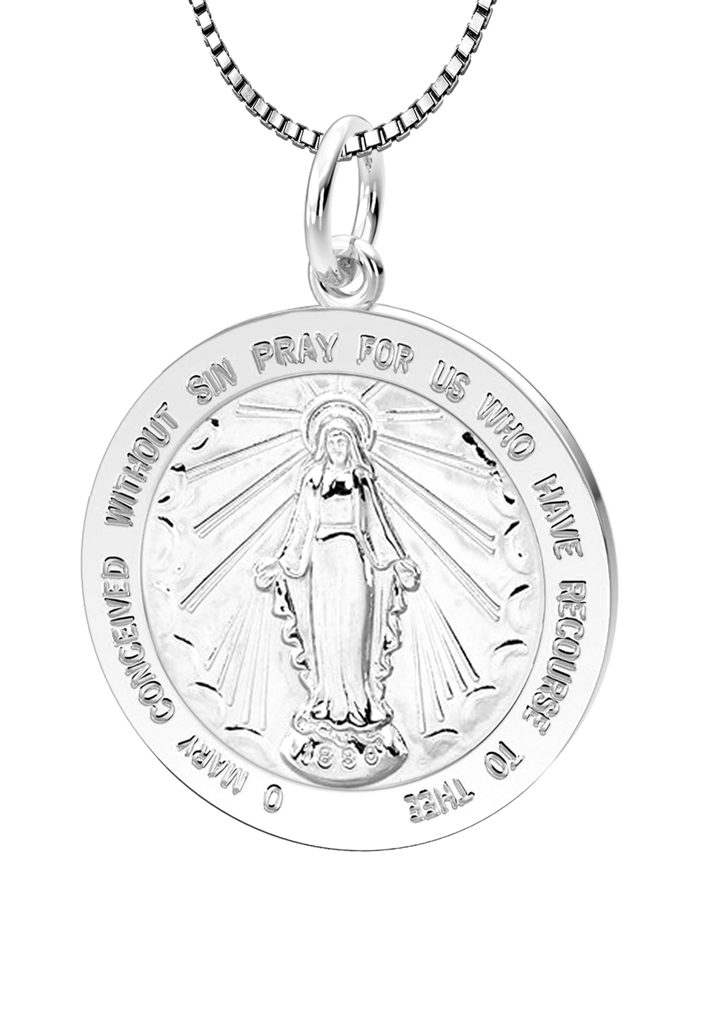 Ladies 925 Sterling Silver Large Miraculous Virgin Mary Polished Pendant  Necklace, 22mm - 18in, 1.0mm Box Chain