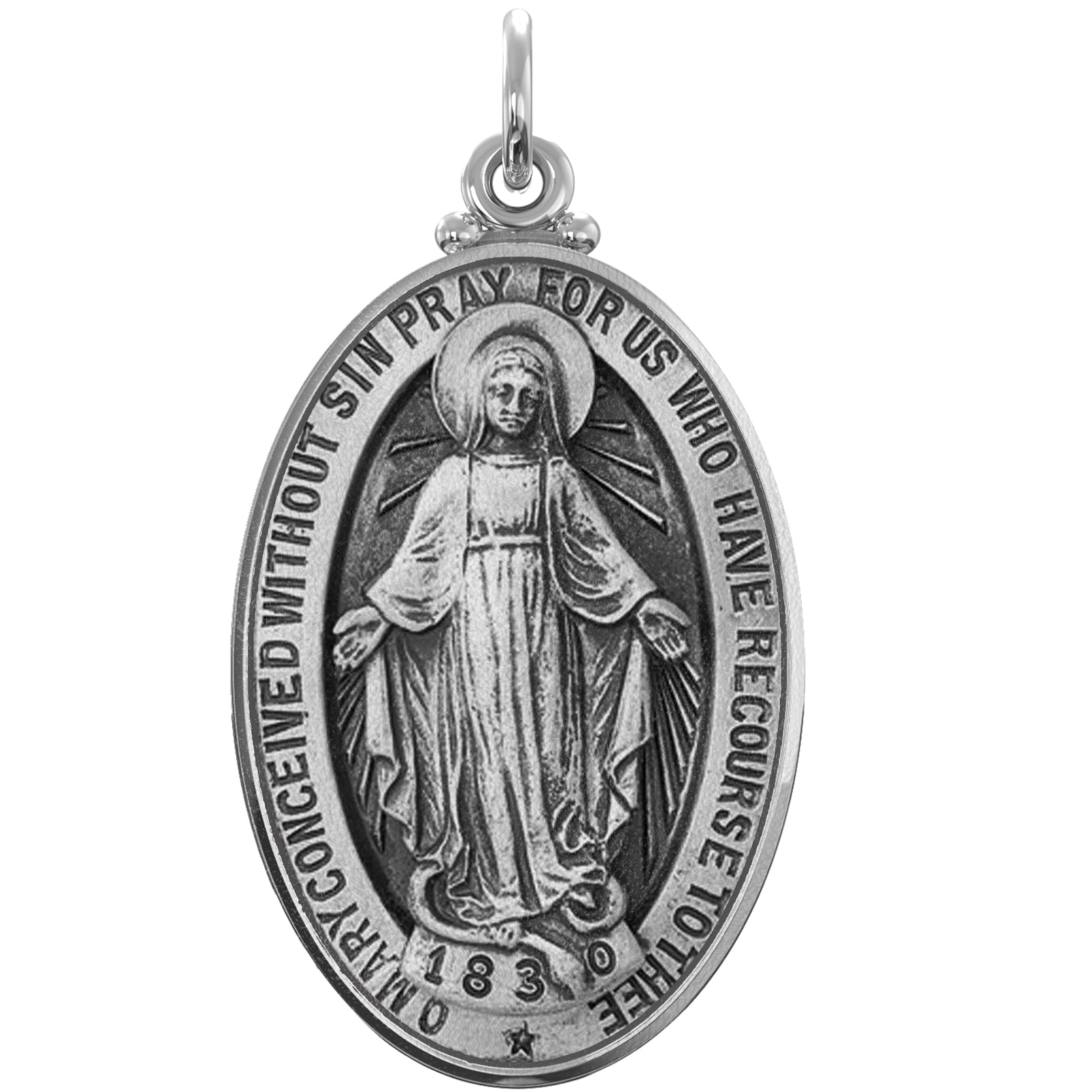 Ladies 925 Sterling Silver Oval Miraculous Virgin Mary Antique Finish  Pendant Necklace, 28mm