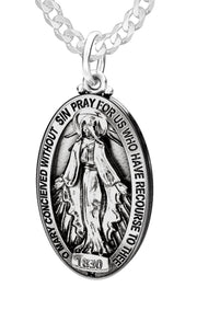 Ladies 925 Sterling Silver Oval Miraculous Virgin Mary Antique Finish Pendant Necklace, 28mm - US Jewels