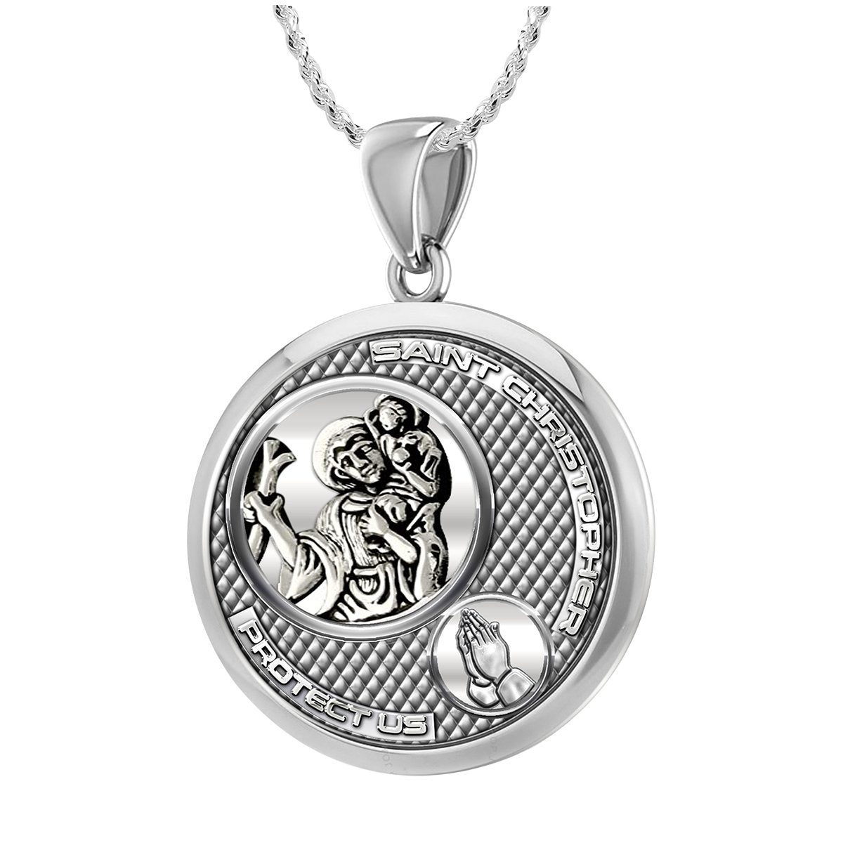 Ladies 925 Sterling Silver Round Saint Christopher Round Polished Finish Pendant Necklace, 25mm - US Jewels