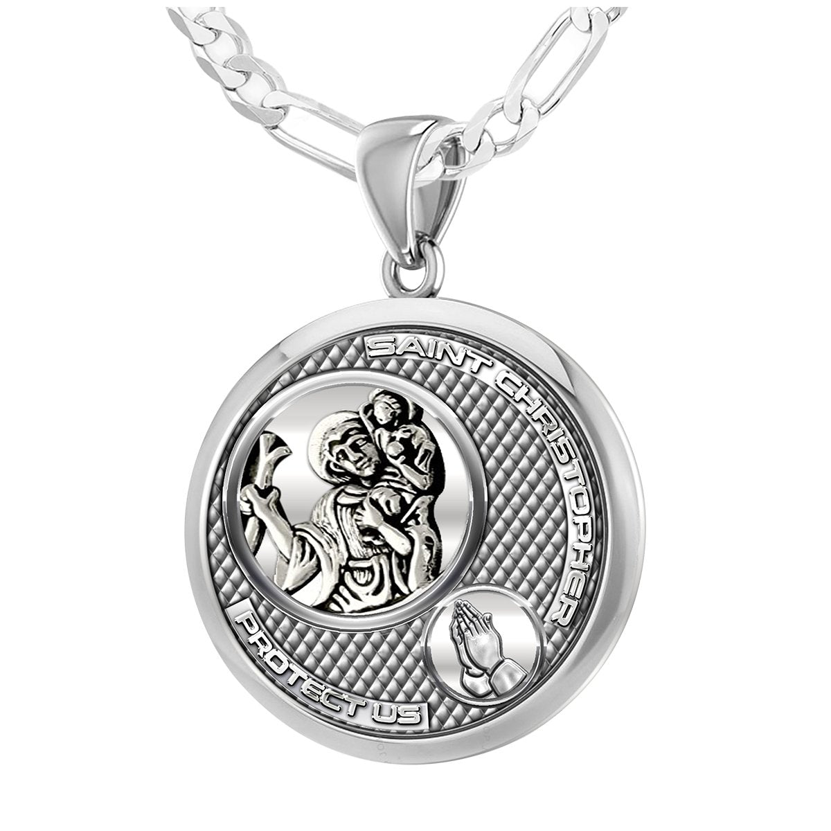 Ladies 925 Sterling Silver Round Saint Christopher Round Polished Finish Pendant Necklace, 25mm - US Jewels