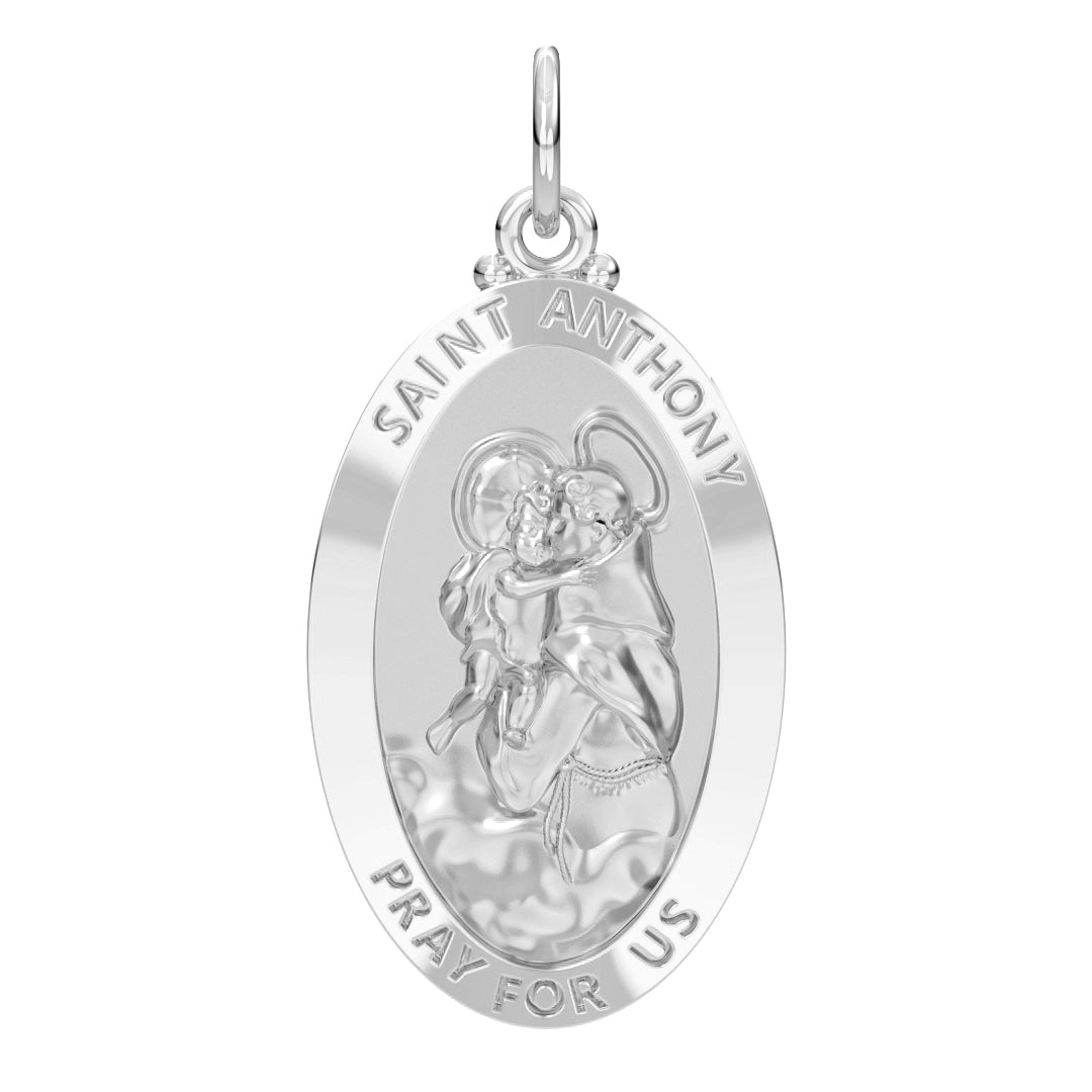 Ladies 925 Sterling Silver Saint Anthony Polish Finish 1in Oval Pendant Necklace - US Jewels
