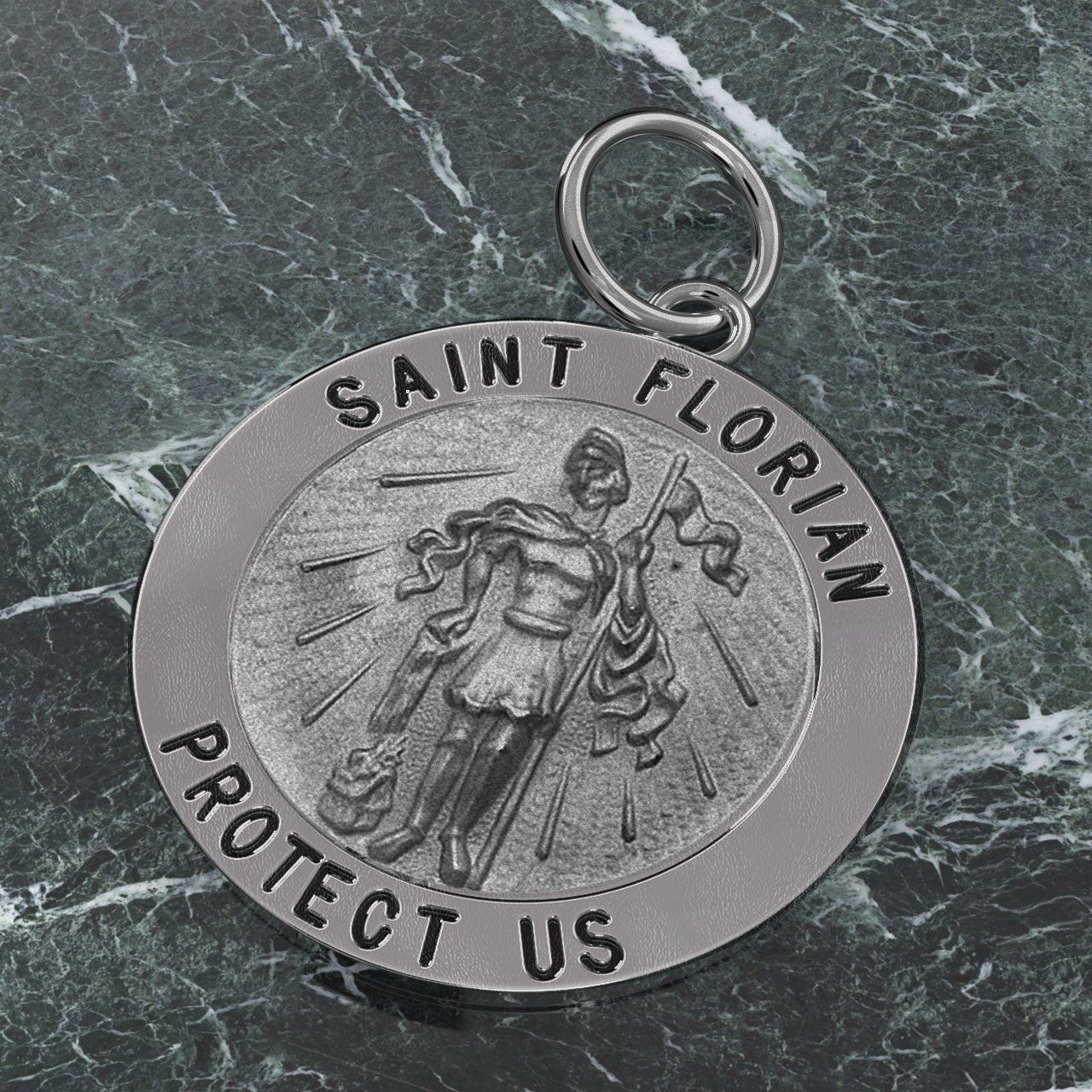 Ladies 925 Sterling Silver Saint Florian Round Antique Pendant Necklace, 22mm - US Jewels