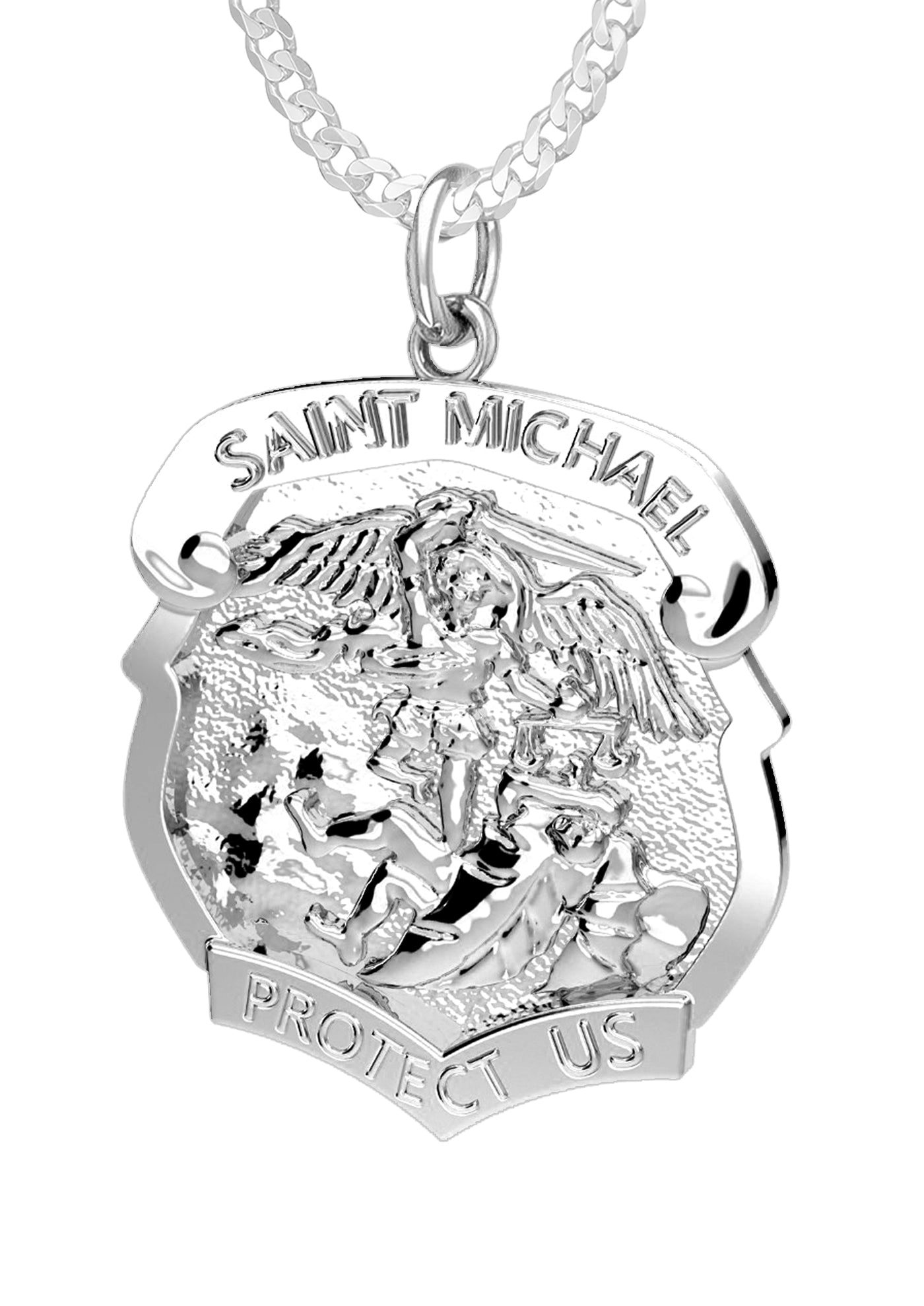 Ladies 925 Sterling Silver Saint Michael High Polished Shield Badge Pendant Necklace, 28mm - US Jewels