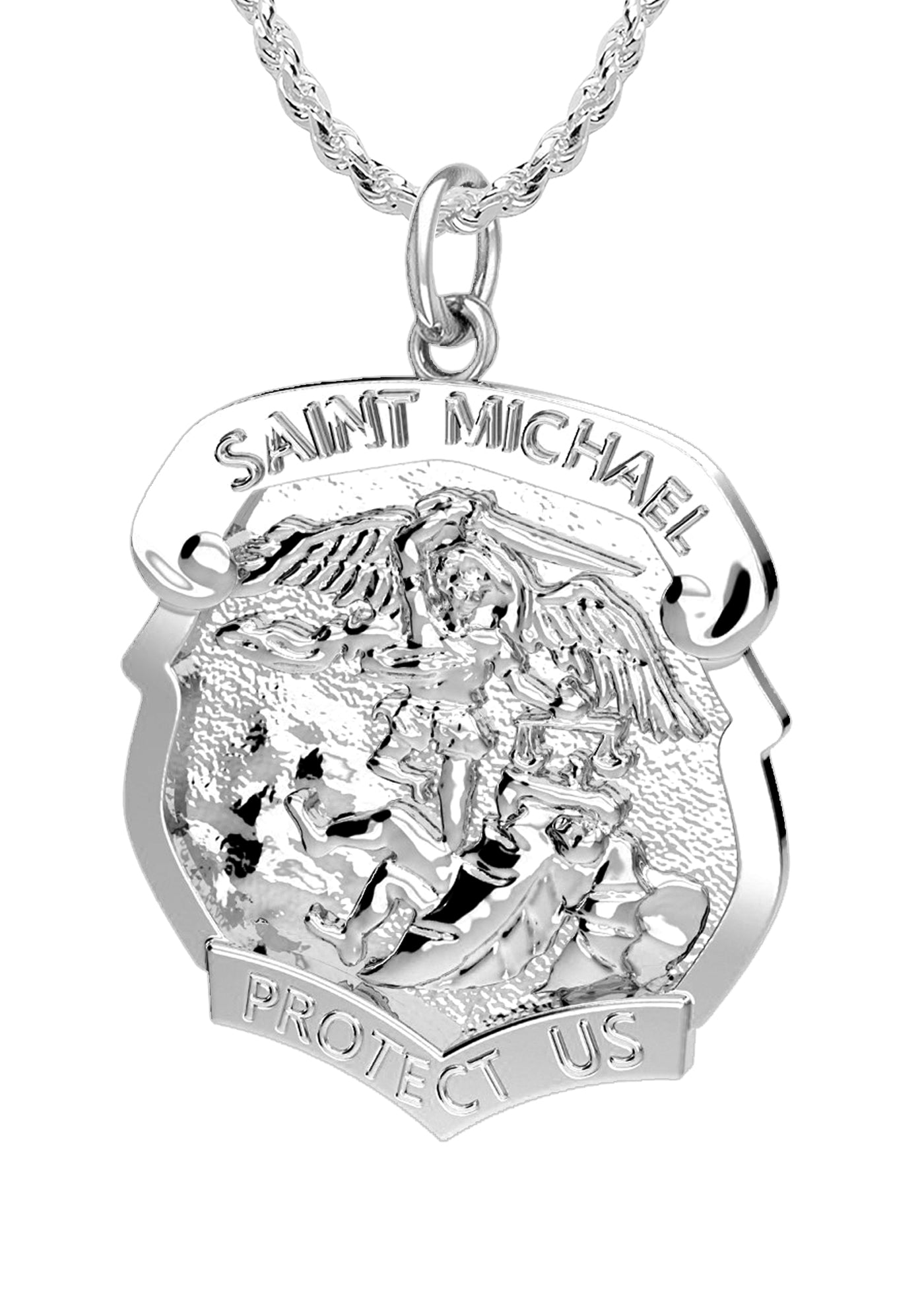 Ladies 925 Sterling Silver Saint Michael High Polished Shield Badge Pendant Necklace, 28mm - US Jewels