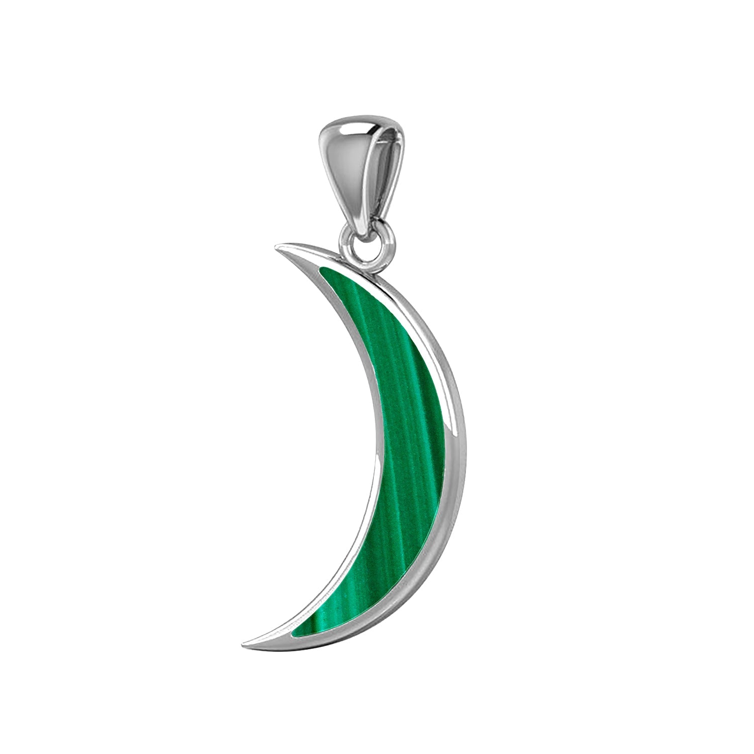 Ladies 925 Sterling Silver Simulated Malachite Magick Crescent Moon Pendant Necklace, 25mm - US Jewels