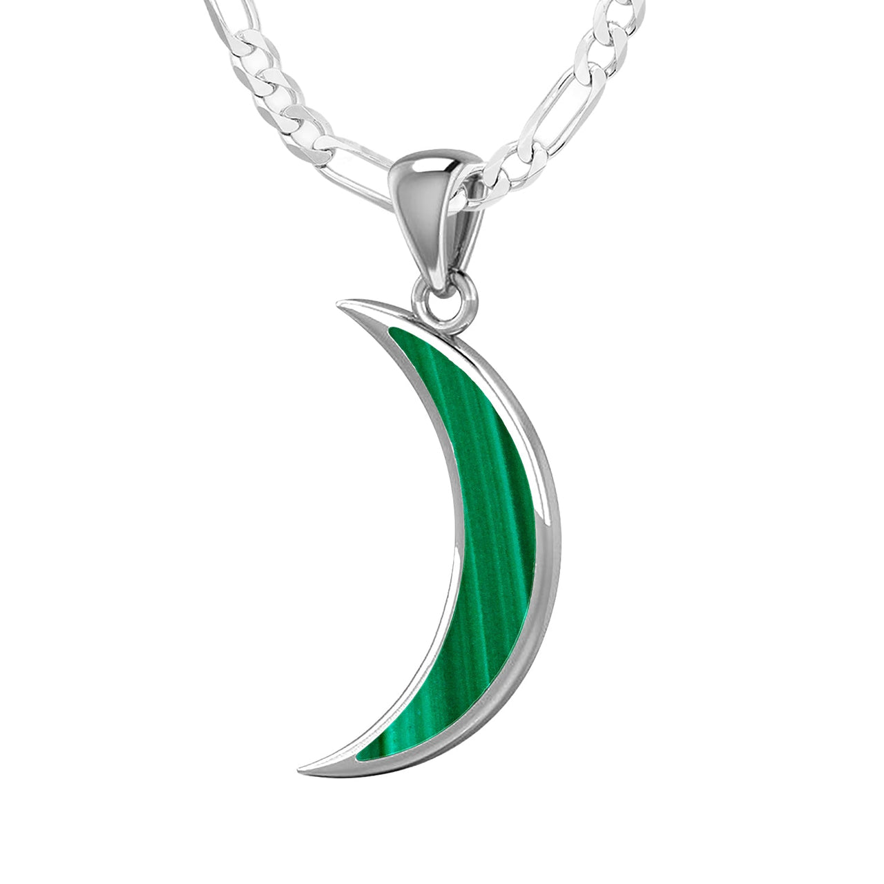 Ladies 925 Sterling Silver Simulated Malachite Magick Crescent Moon Pendant Necklace, 25mm - US Jewels