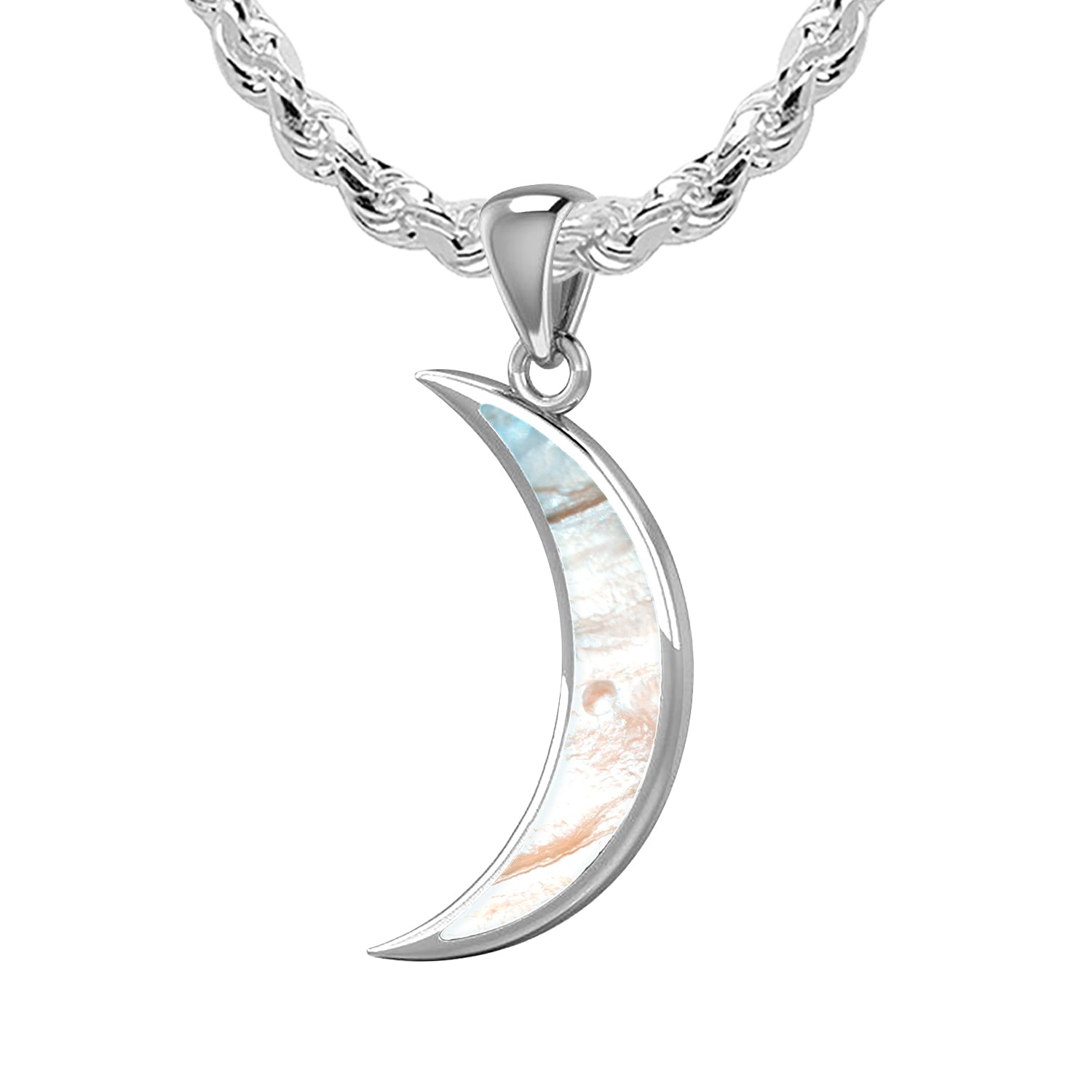 Ladies 925 Sterling Silver Simulated Mother of Pearl Magick Crescent Moon  Pendant Necklace, 25mm - 18in 2.4mm Rope Chain